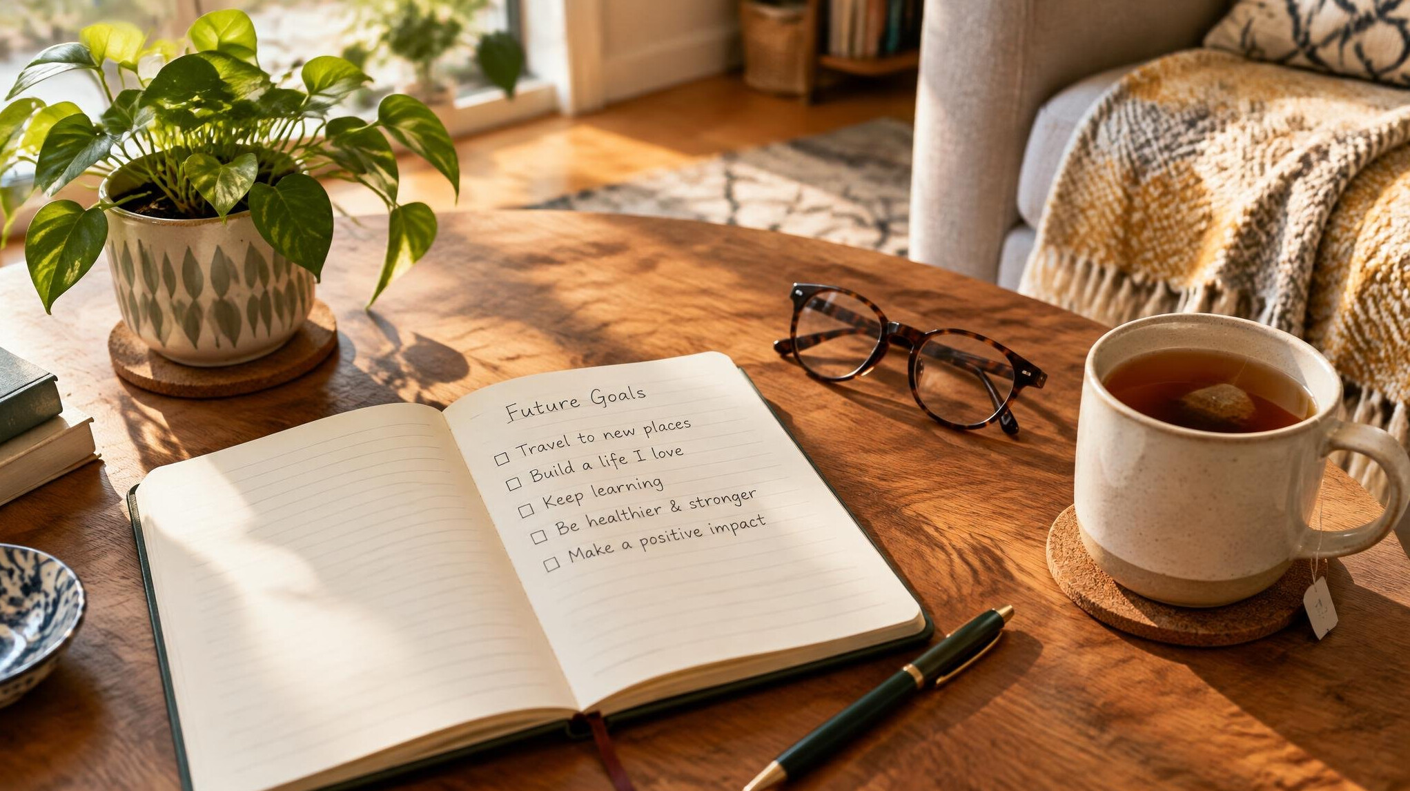 Notebook, reading glasses and a cup of tea on a sunny table