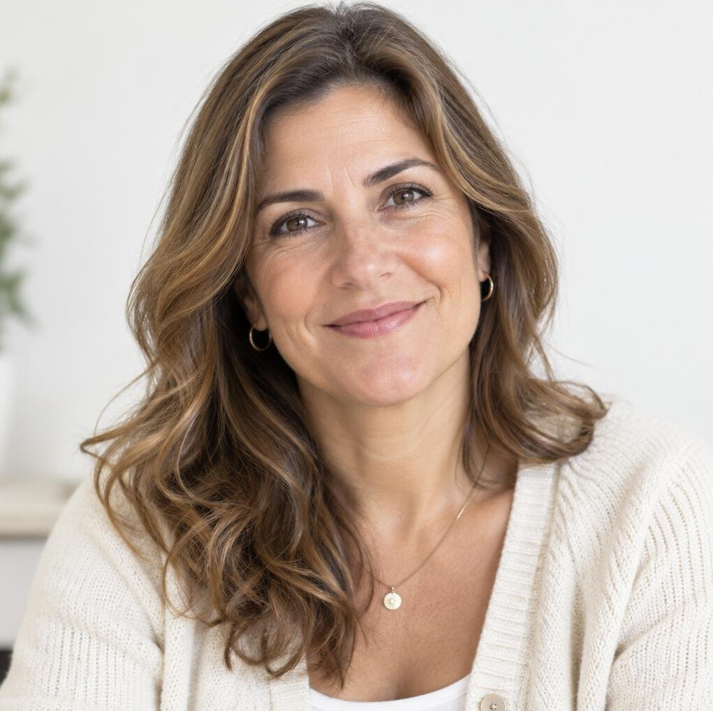 Portrait of a woman in her late forties with light brown hair