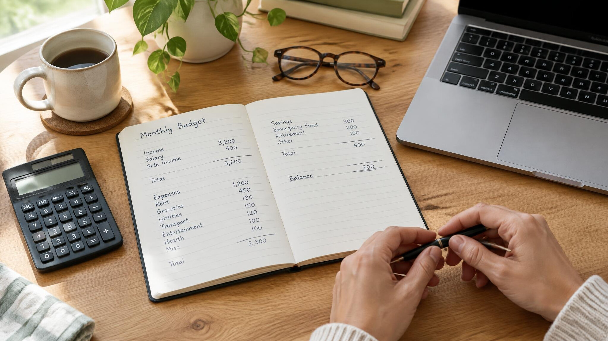Hands writing in a notebook next to a calculator and laptop on a desk