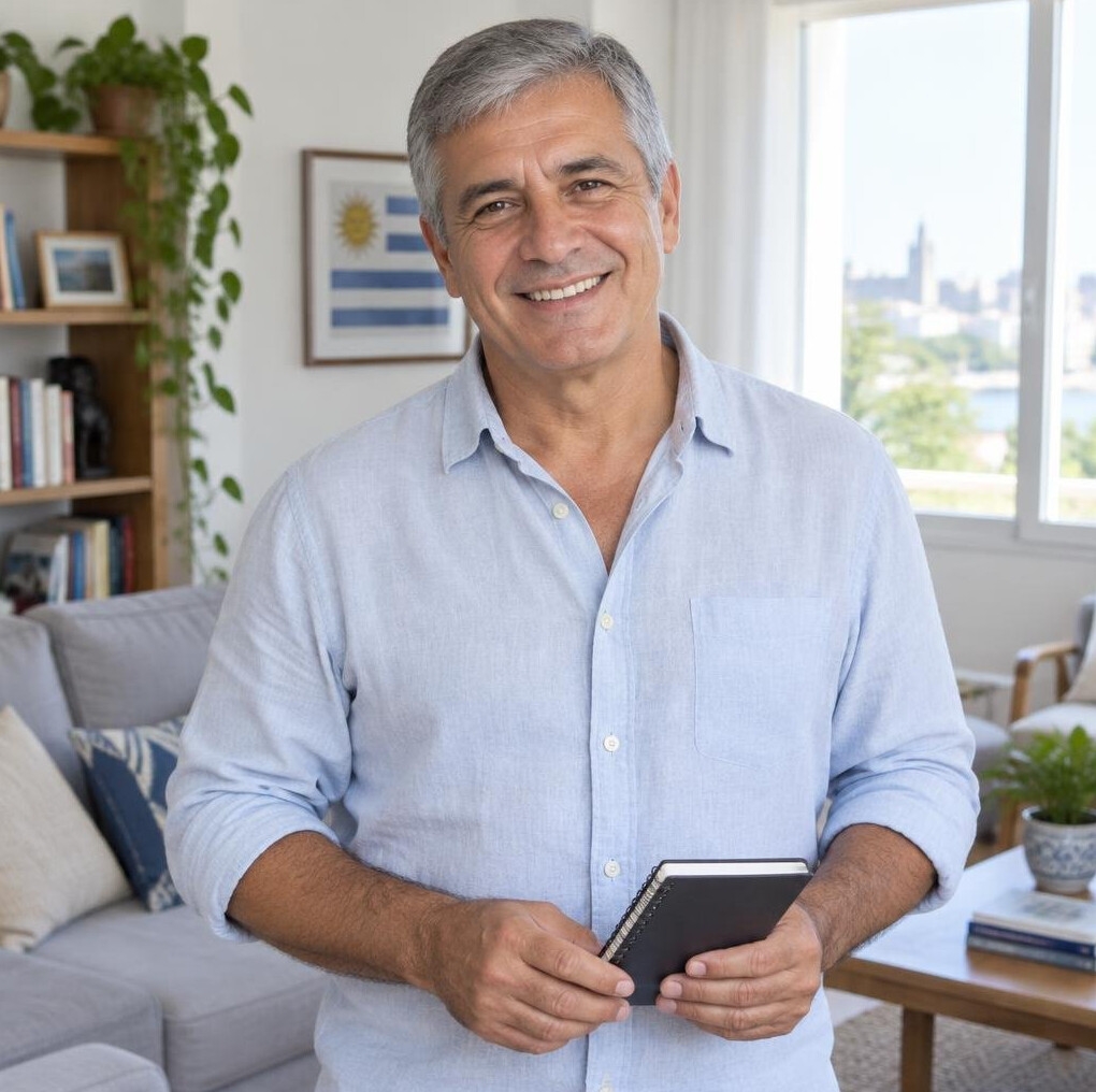 Smiling man in his late fifties holding a notebook