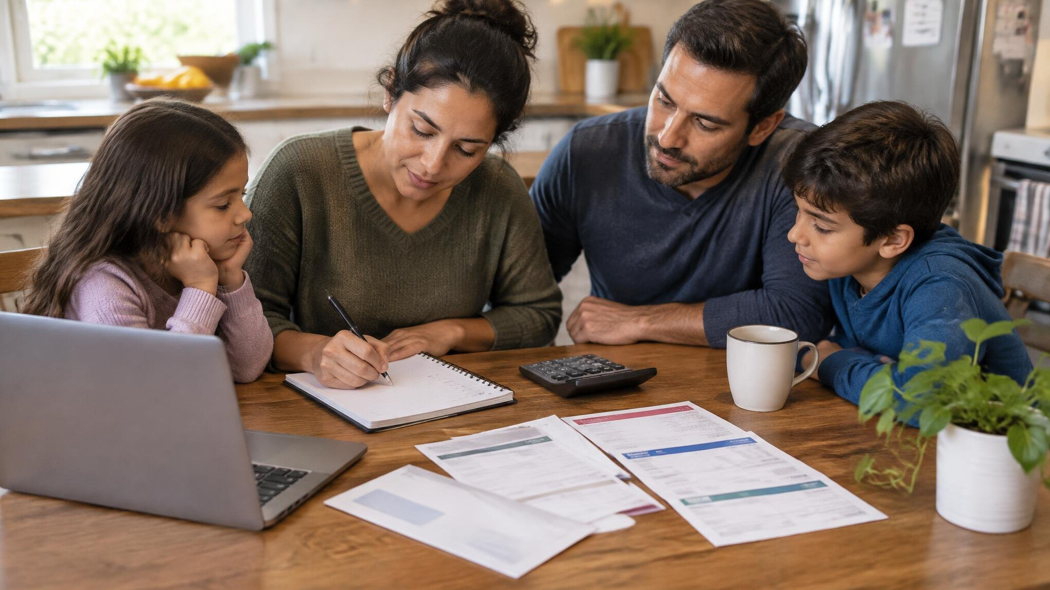 family budgeting at kitchen table